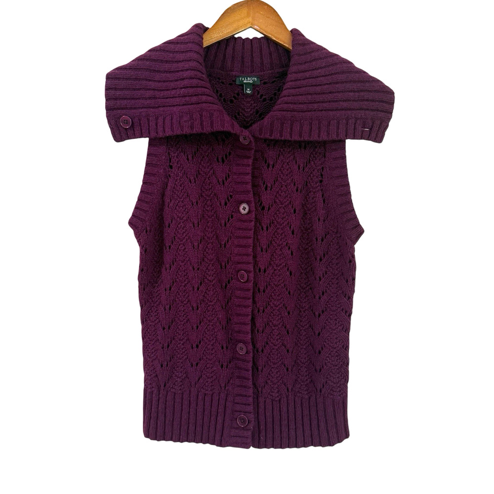 Talbots Plum Purple Merino Wool Silk Blend Sweater Vest M Collared Button Front